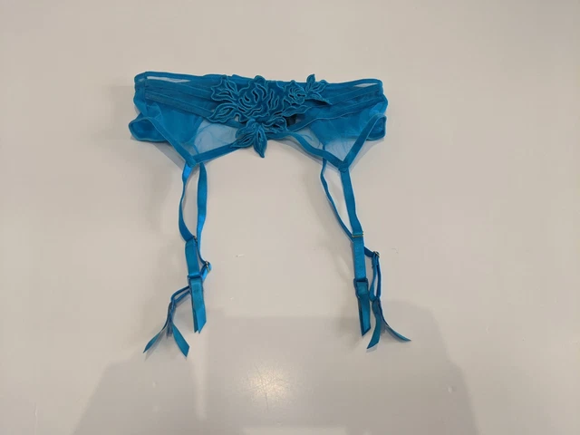 Ann Summers Sospensione Velluto Ricamato Pizzo Giarrettiera Taglia Small 8-10 Blu