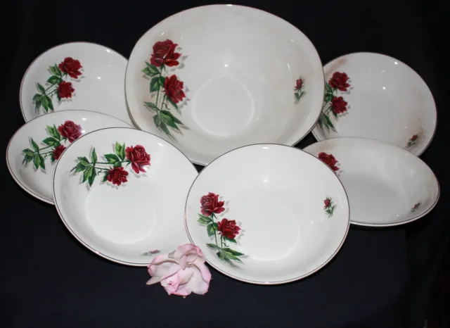 vintage dessert set 7pce 1X large 6 small bowls RED ROSES BRITISH ANCHOR ENGLAND