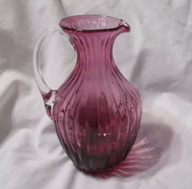 Vintage Cranberry Glass Ribbed Mini Pitcher with applied Clear Handle