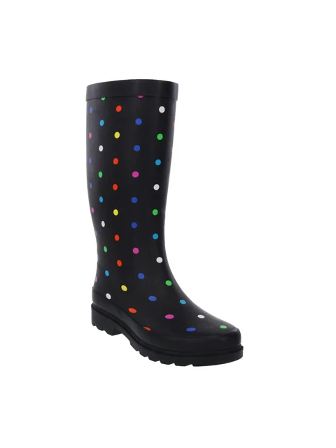 SUGAR Womens Black Polka Dot 1/2" Platform Raffle Block Heel Rain Boots 8 M
