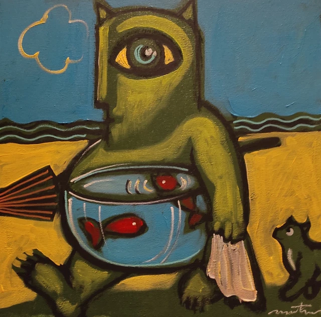 MARTINERY  le chat de shrek amène ses poissons rouges a la mer..toile 40x40cm