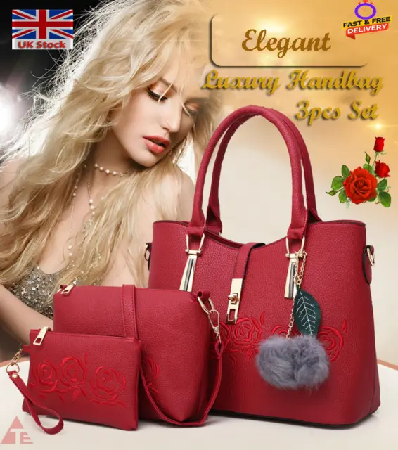 New Fashion Elegant Luxury Handbag + Hand Bag + Clutch Bag 3pcs Set PU Leather