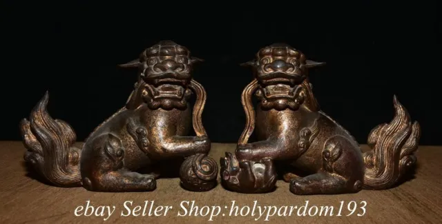 6.8" Old Chinese Bronze Gilt Fengshui Foo Fu Lion Gog Statue Sculpture Pair