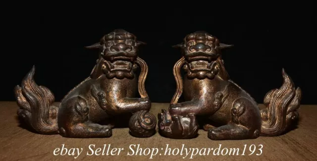 6.8" Old Chinese Bronze Gilt Fengshui Foo Fu Lion Gog Statue Sculpture Pair