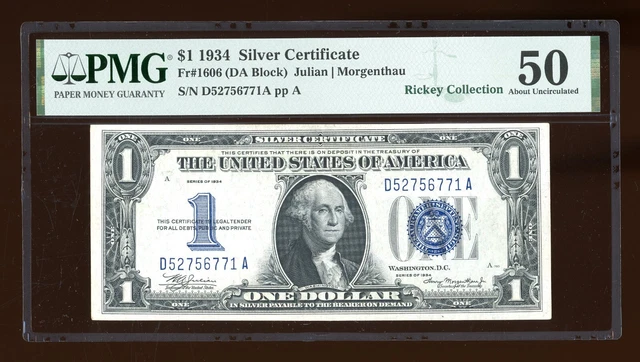 DBR 1934 $1 Silver Funnyback Fr. 1606 DA Block PMG AU-50 Serial D52756771A