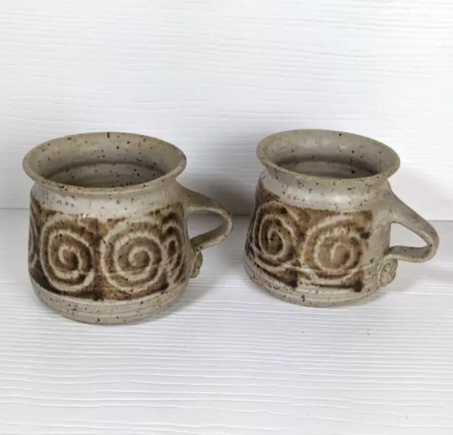 stoneware pottery mugs lot of 2 signed S - swirl graphic holds 8oz