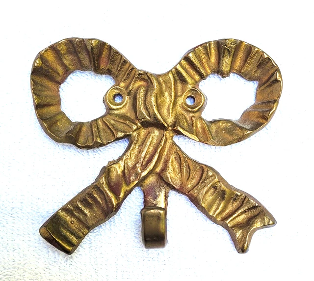 Pair Vintage Solid  Brass French Knot Bow Pediment  with Picture Hook Set 3