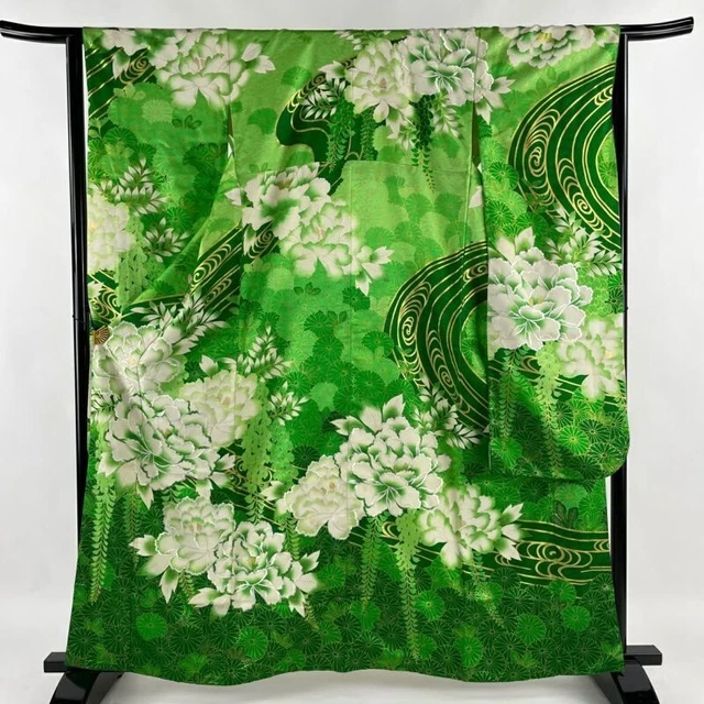 Woman Japanese Kimono Furisode Silk Flower Peony Embroidery Gold Foil Green