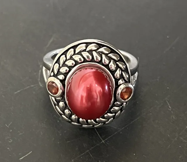 Honora Cherry Red Pearl Garnet & Rope Design Sterling Silver Ring 925 Size 7