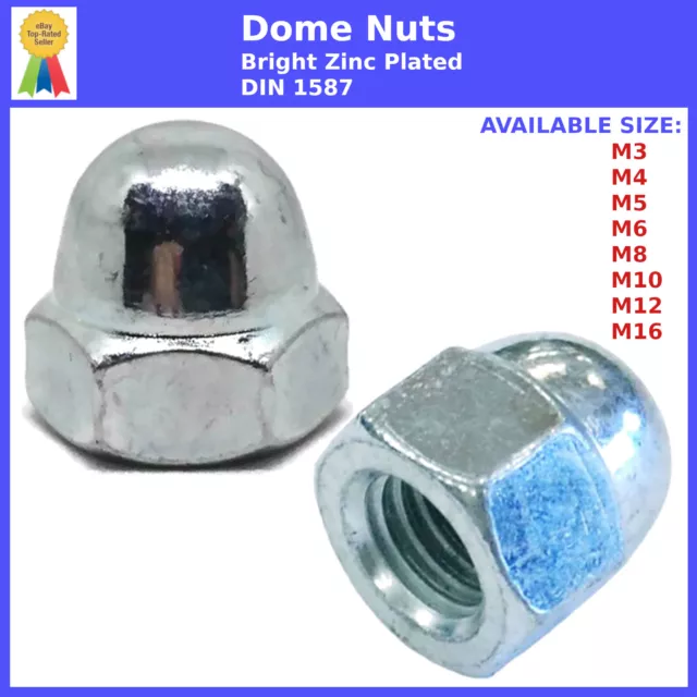 Dome Nuts M3 M4 M5 M6 M8 M10 M12 M16 Acorn Blind Cap Hex Nut Bright Zinc Plated