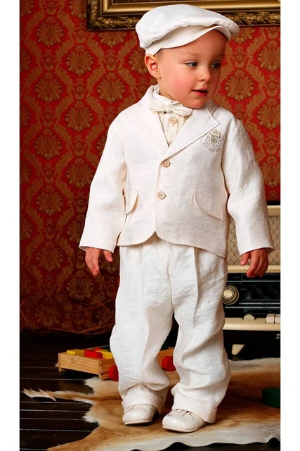 ABITO da BATTESIMO (6pz) maschietto vestito cerimonia bambino lino PANNA c 854