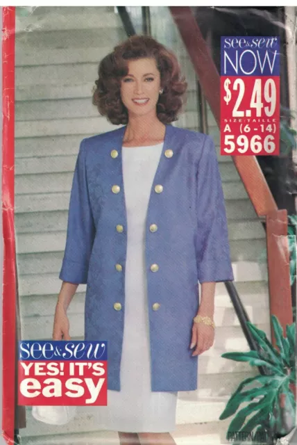 5966 Butterick See & Sew Sewing Pattern Misses Loose Fitting Jacket Dress Uncut