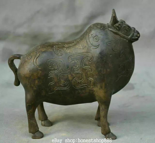 6.4" Antique Old Chinese Bronze Feng Shui Zodiac Animal Bull Oxen Cattle Statue