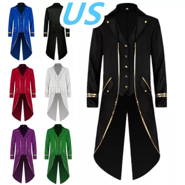 US Men's Medieval Steampunk Tailcoat Jacket Halloween Party Gothic Frock Coat