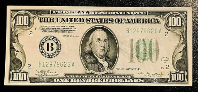 1934 $100 Us Federal Reserve Note, New York, Julian-Morgenthau, Vf B12979626A