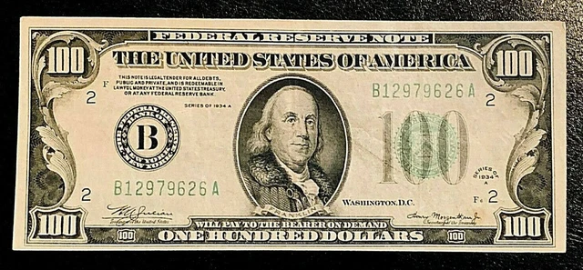 1934 $100 Us Federal Reserve Note, New York, Julian-Morgenthau, Vf B12979626A