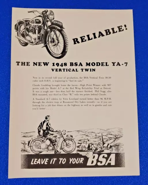 1948 Classic Bsa Model Ya-7 Vertical Twin 30.50 Cubic Inch Ohv Original Print Ad