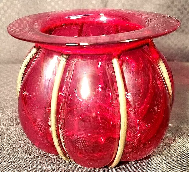 Wrought Iron and Ruby Red Hand Blown Glass Candle Holder 3.5" H x 4.5" W