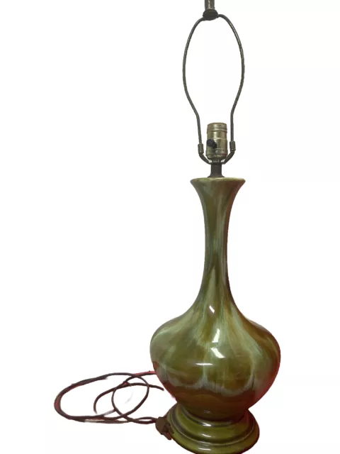 Vintage Green Brown Lava Glazed Table Lamp Mid Century Large