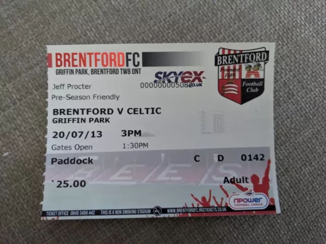 Brentford v Celtic 2013 Ticket.