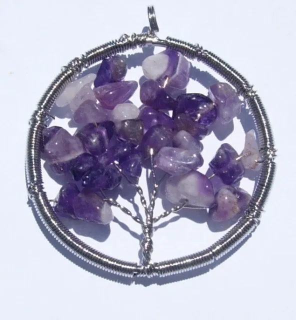 Natural Amethyst Stone Chips Wire Wrap Tree Of Life Pendant Necklace Reiki Heal