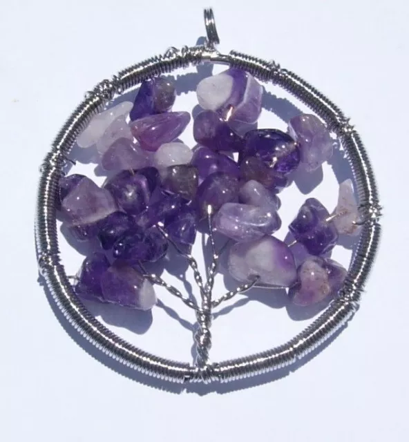 Natural Amethyst Stone Chips Wire Wrap Tree Of Life Pendant Necklace Reiki Heal