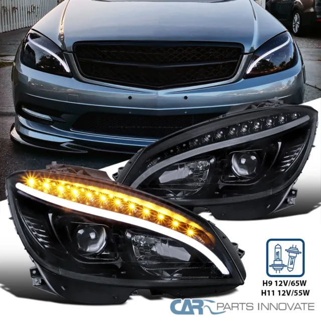 Fit 08-11 Benz W204 C-Class Glossy Black Projector Headlights w/ LED Turn Signal