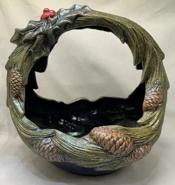 Vtg Hand Painted Holland Mold Ceramic Basket Christmas Pine Cones Holly 1990s