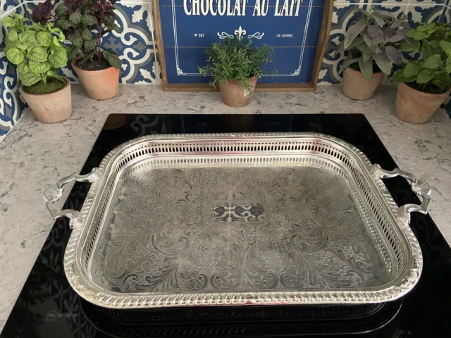 Extra Large, Vintage, Galleried, Silver Metal Tray