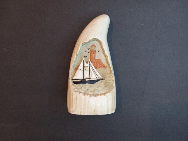 Scrimshawed Faux Resin Shark Tooth Carved Boat Scene  B.i.i 1997
