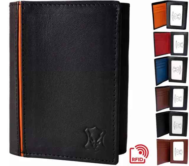 Mens Leather Wallet Trifold RFID  12 Card Holder Window ID Gift Box Personalised