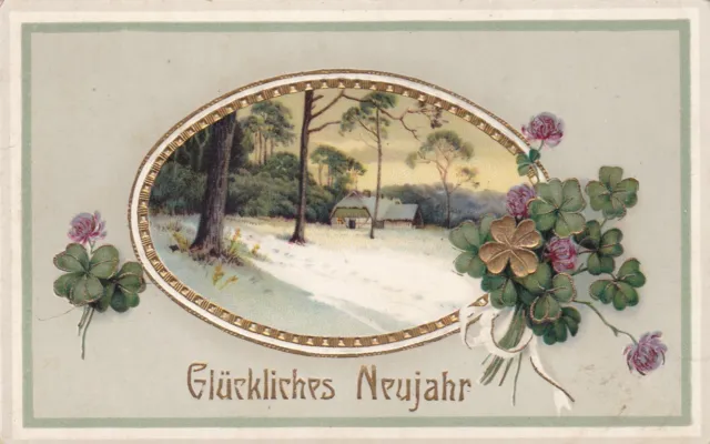 AK Glückliches Neujahr Winterlandschaft Präge AK Ansichtskarte Glückwunsch 1914