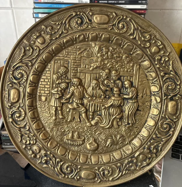 Embossed Brass Plates Peerage Large 17” Tavern Scene Antique Vintage