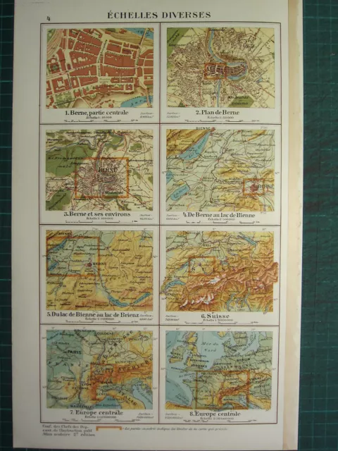 1921 Map ~ Various Scales Of Berne ~ Central Plan Environs Swiss Central Europe