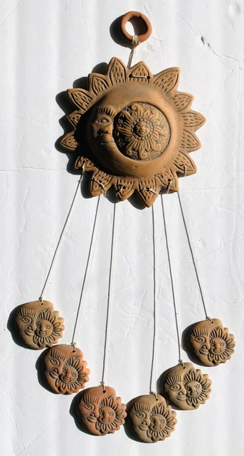 TERRACOTTA AZTEC MAYAN RED MEXICAN CLAY POTTERY HANGING Moon Sun Wind