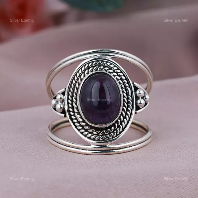 Natural Amethyst Gemstone Band Purple Ring 925 Sterling Silver Indian Jewelry