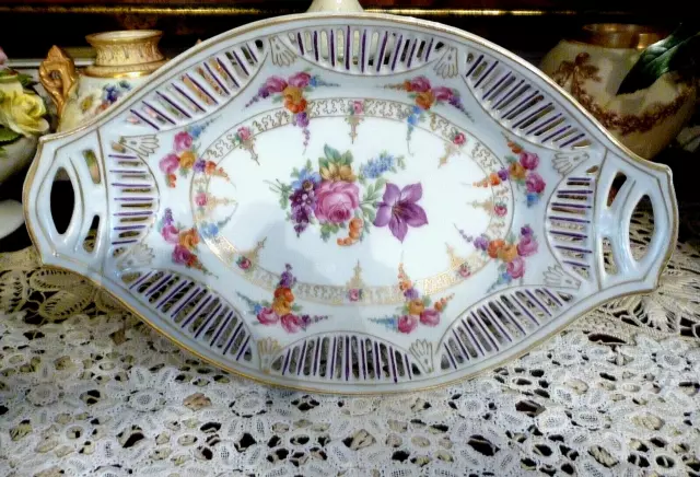 Schumann Bavaria DRESDEN FLOWERS Pierced/Reticulated Large (12 inch) Oval Bowl