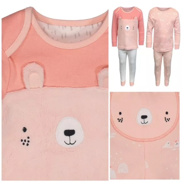 Ex Mothercare Baby Girls Pink Bear Mix & Match 2 Pack Pyjamas Age 6 9 12 18 Mths