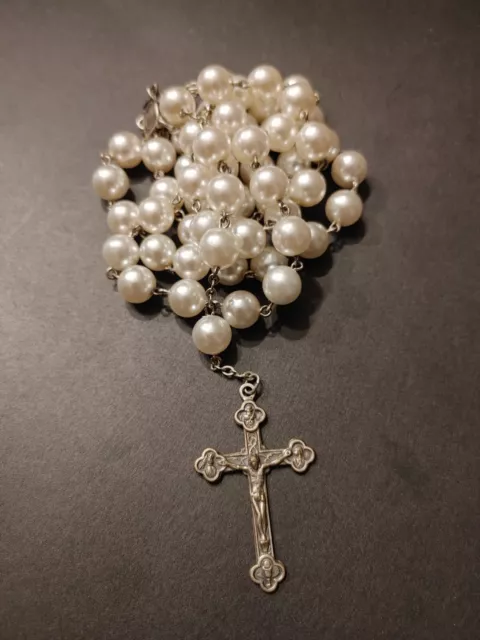 Antique Faux Pearl Rosary Silver Italian Italy Vintage Crucifix Jesus Catholic