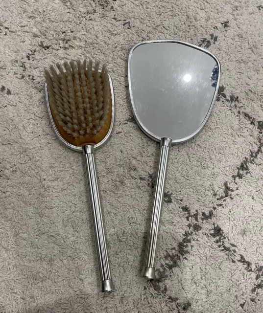 Vintage Silver Coloured Dressing Table Set -Hand Mirror & Brush. Pattern On Back