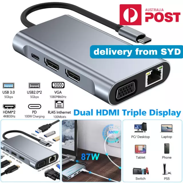 8 in 1 Laptop Docking Station Type-C Dual HDMI Hub Adapter USB-C Triple Display