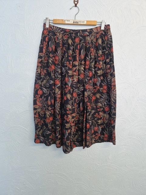 Gonna autunnale vintage anni '80 M&S St Michael blu navy rossa frutta midi taglia 12-14