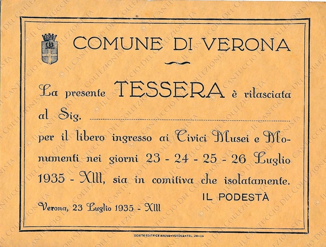 1935 Lido Comunale di Verona gestione Salvatore Castelli ingresso tessera