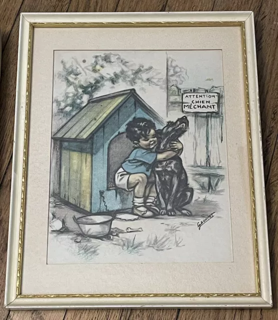 Pair Of G. Bouret Vintage Framed Prints Boy W/ Dog & Girls Tea Party French Art 3