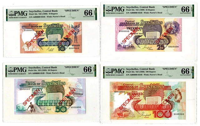 Central Bank of Seychelles. ND (1989). Group of 4 Specimen Banknotes