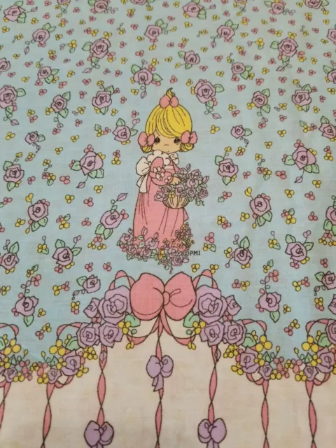 Vintage Blue Precious Moments Single Border Florals Cotton Blend Fabric 2.5yard