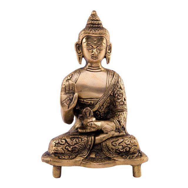 Brass Statue Idol Murti Buddha In Blessing Posture Brown Color For Decor 5.5 In