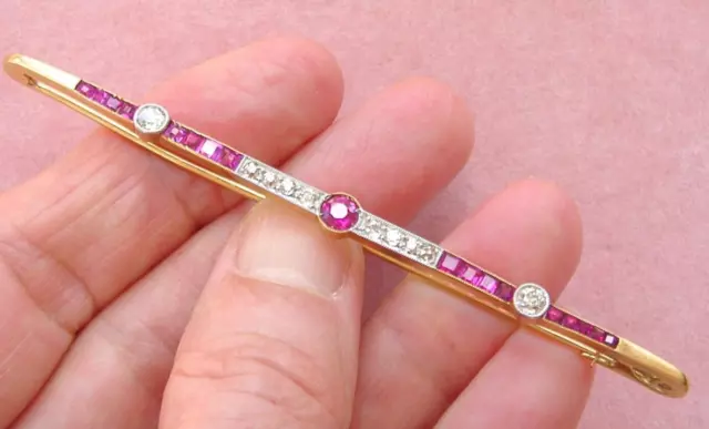 ANTIQUE ART DECO .63ctw MINE DIAMOND RUBY 18K LONG 3-7/16” BAR PIN BROOCH 1920