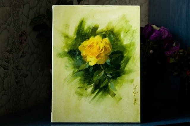 Pittura a olio originale su tela, arte floreale, fiori realisti, rosa gialla