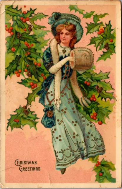 Gel Christmas Postcard Well Dressed Woman in Blue Surrounded by Holly